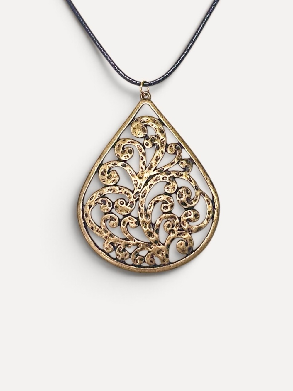 💛 Antiqued Gold Tone Filigree Pendant on Black Cord